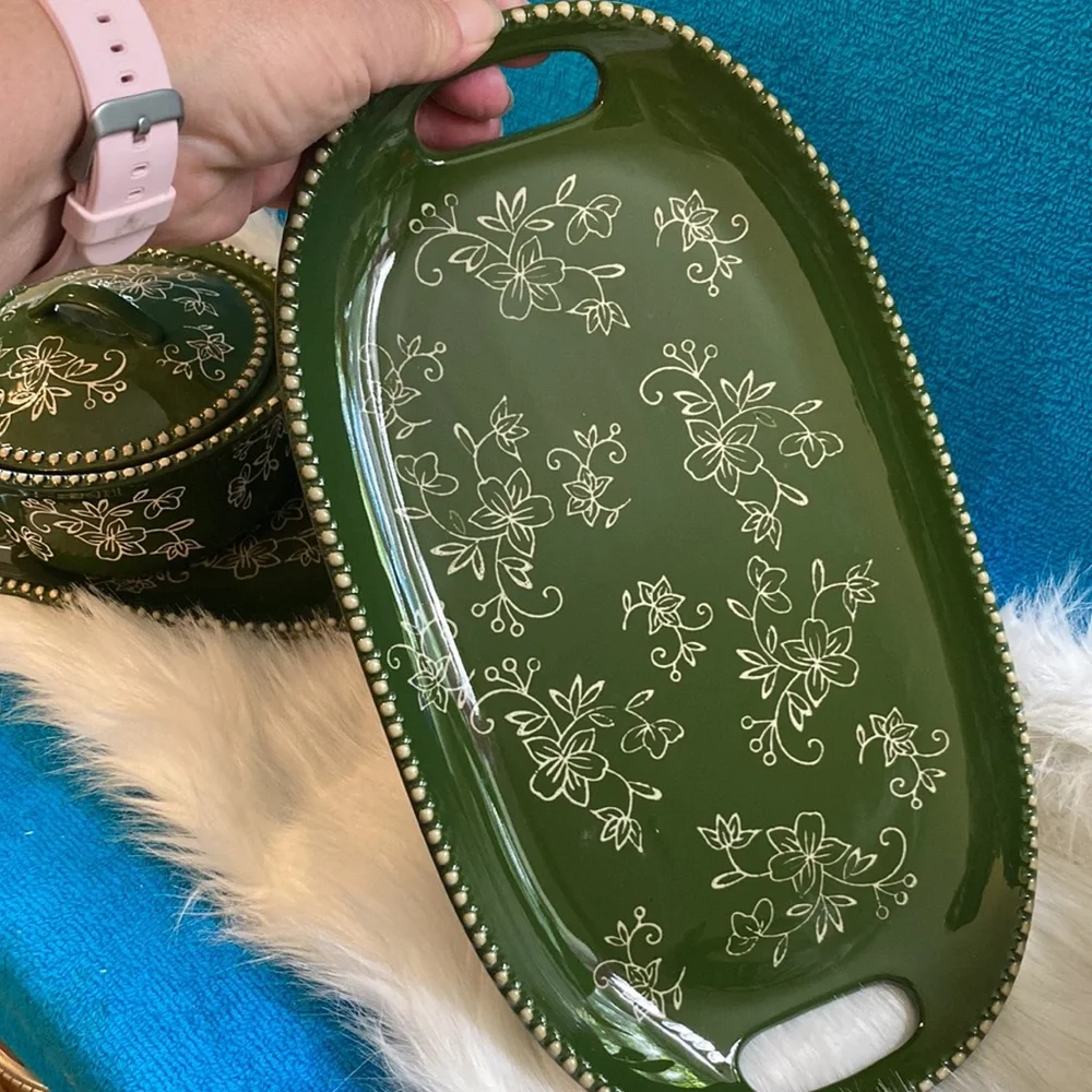 COPY - Temptations green floral lace soup and sandwich 2 tray’s 2 soup tureens …